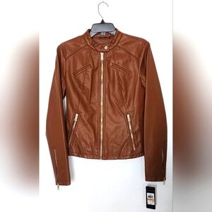 GUESS Women’s Faux Leather, Brown Racer, Band Collar NWT Jacket. Size S
